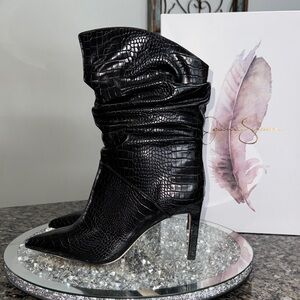 Jessica Simpson Elisti Black Croc-Embossed Slouch Stiletto Boots NEW 10